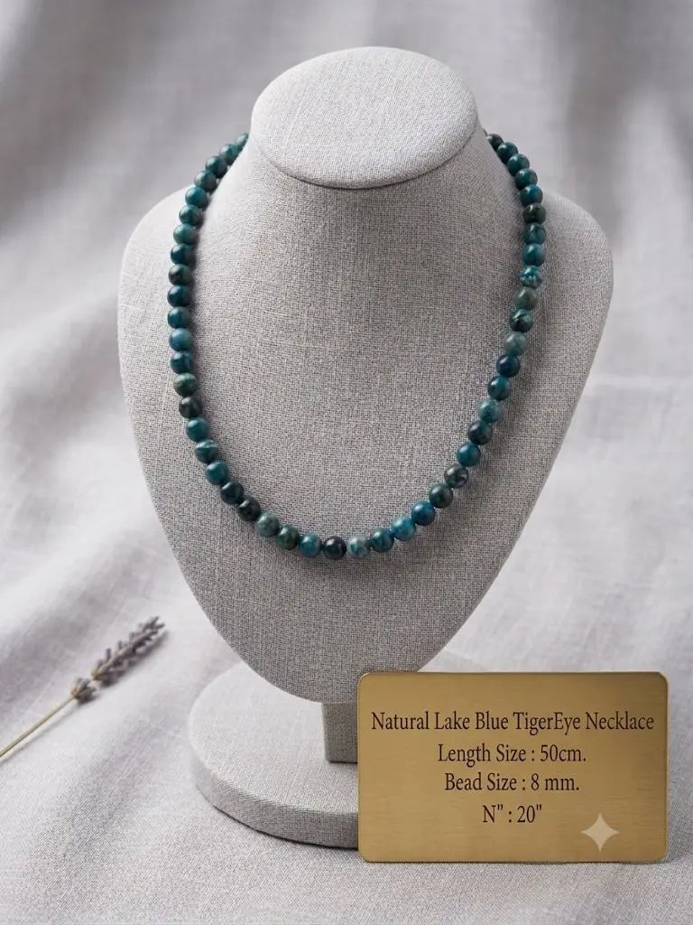 Natural Lake Blue TigerEye Necklace, Length Size 50cm., Bead Size 8 mm., ABC_NEC_20